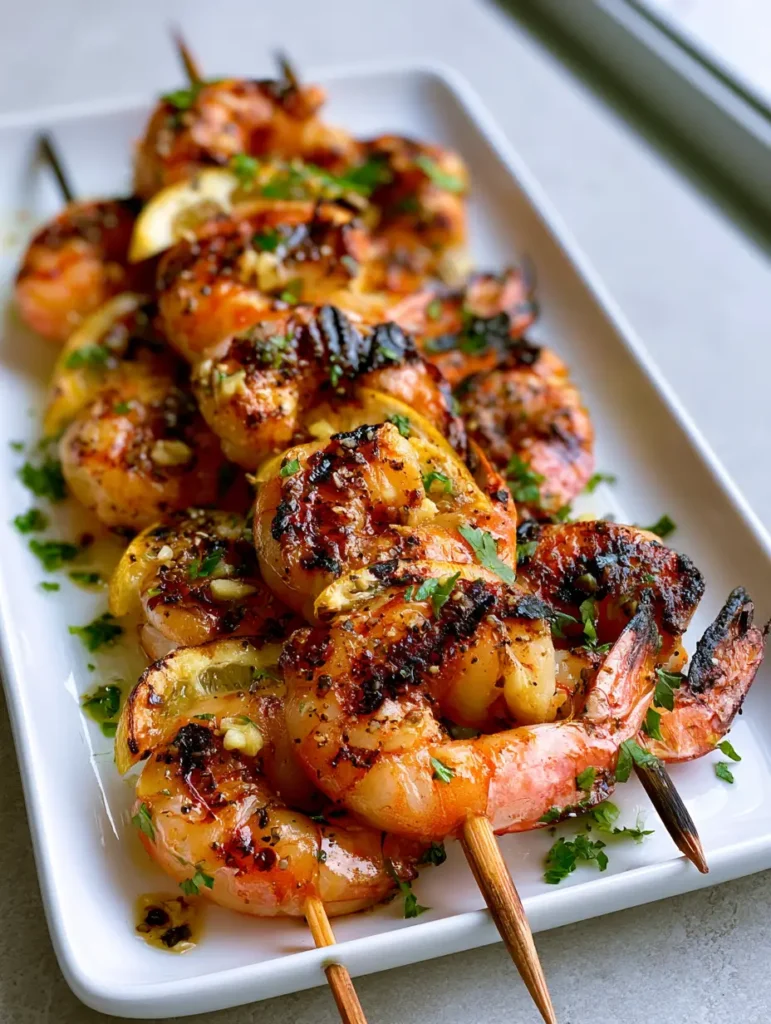 Grilled Shrimp Skewers with Lemon Garlic Herb Marinade 2 Top-down view of juicy grilled shrimp with dark char marks and visible garlic bits. (Grilled Shrimp Skewers)