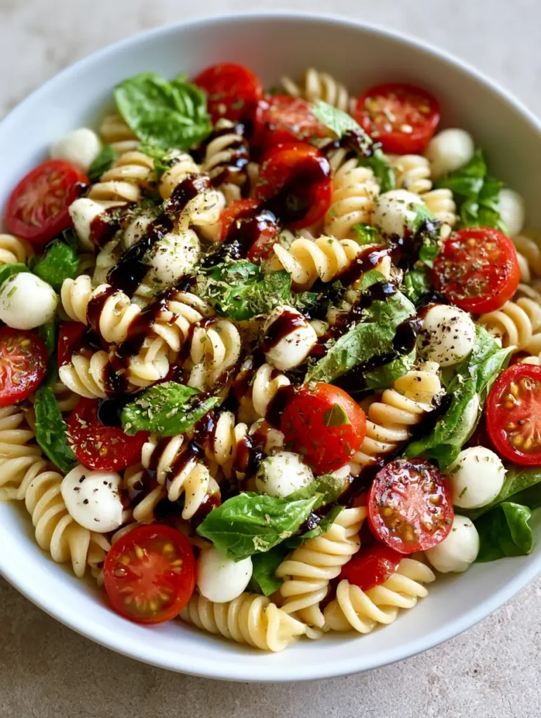 Close up shot of Caprese Pasta Salad showing rotini spirals, halved cherry tomatoes, and mozzarella pearls coated in clear herb vinaigrette.