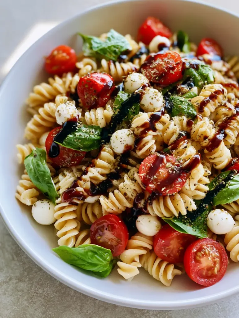 Caprese Pasta Salad with Balsamic Glaze and Herb Vinaigrette 1 Top-down view of Caprese Pasta Salad highlighting the dark balsamic glaze pattern and fresh basil leaves.