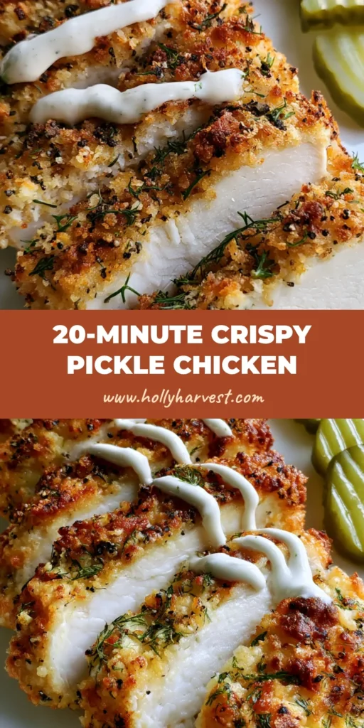Top-down view of sliced Dill Pickle Chicken with a crunchy parmesan crust and ranch drizzle on a white plate.