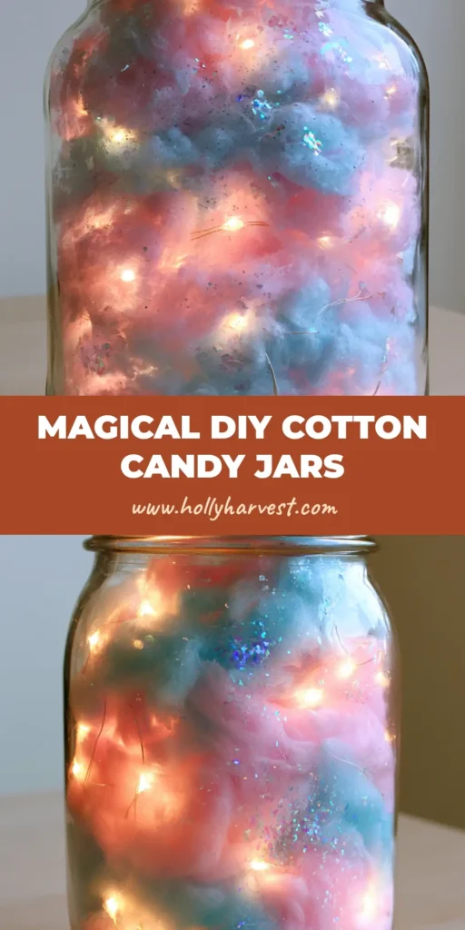 DIY Cotton Candy Glow Jars: The Ultimate Enchanting Room Decor 3 A close-up of DIY Cotton Candy Glow Jars on a wooden table, showing layers of pink and blue cotton with warm LED lights and silver glitter.