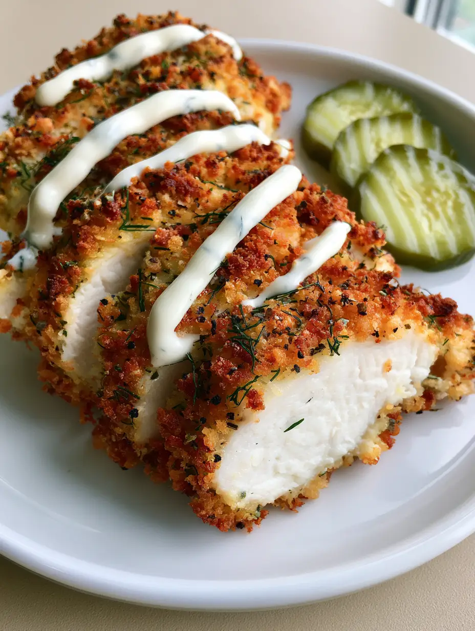Close up of Dill Pickle Chicken showing visible dill flakes and cracked black pepper in the breading.
