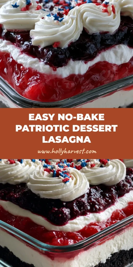 4th of July Dessert Lasagna: The Ultimate Patriotic Layered No-Bake Treat 4 A vertical shot showing the distinct red, white, and blue layers of a 4th of July Dessert Lasagna in a glass dish.