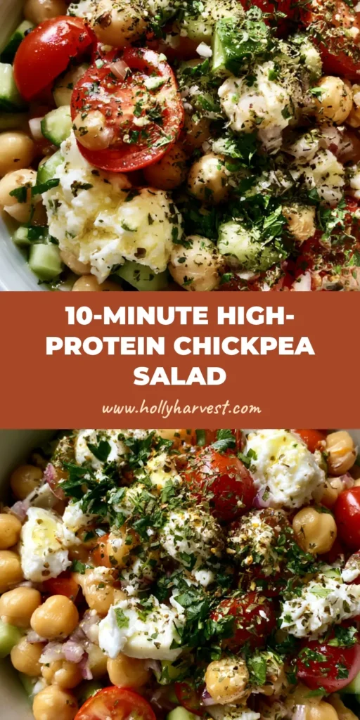 High-Protein Chickpea Salad: The Ultimate Mediterranean Meal Prep Bowl 3 Top-down view of a High-Protein Chickpea Salad in a white ceramic bowl with cucumbers, tomatoes, and feta.