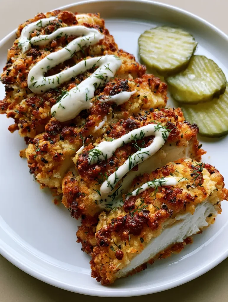 Sliced Dill Pickle Chicken revealing a juicy, opaque white interior and a crunchy exterior.