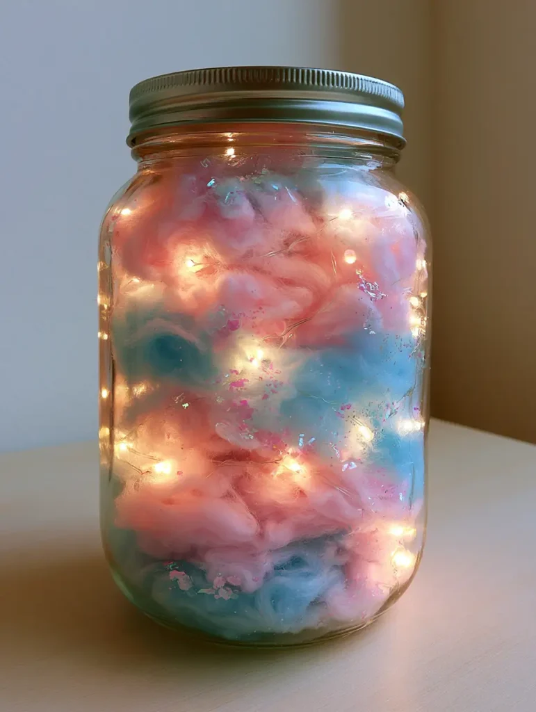 Clear mason jar with layered pastel pink and blue cotton batting and internal fairy lights. (DIY Cotton Candy Glow Jars)