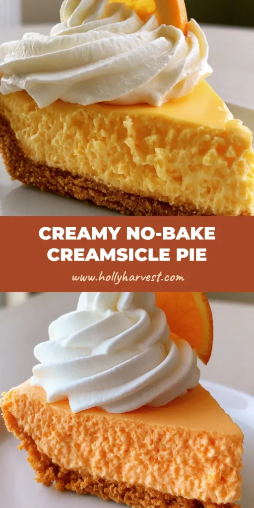 A tall slice of Orange Creamsicle Pie with a thick golden cookie crust and piped whipped cream swirls.