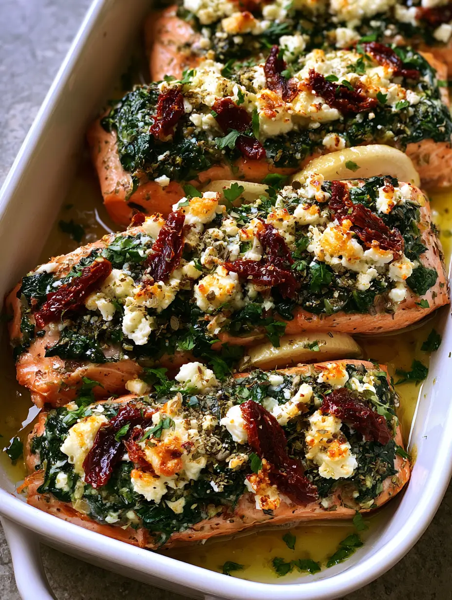 Mediterranean Baked Salmon: The Ultimate Recipe for Flaky, Flavor-Rich Seafood 3 Overhead close-up of pink Mediterranean Baked Salmon fillets with melted feta and dark green spinach in a white dish.