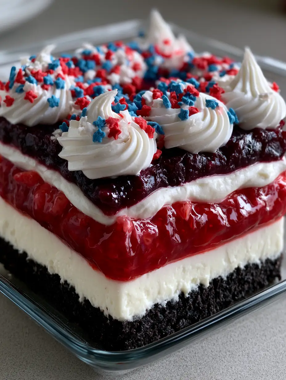 Overhead view of a 4th of July Dessert Lasagna featuring piped whipped cream and star sprinkles.