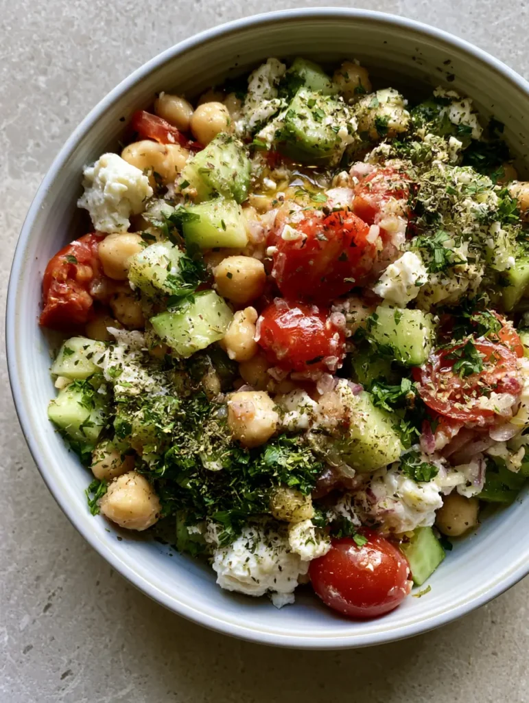 A close-up of High-Protein Chickpea Salad showing matte-textured chickpeas and vibrant red tomatoes.