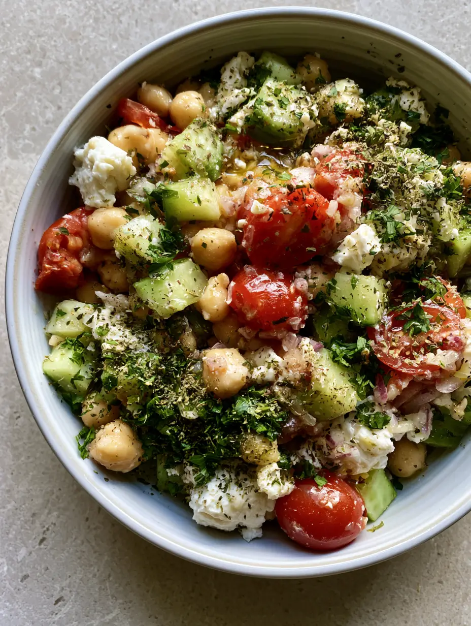 High-Protein Chickpea Salad: The Ultimate Mediterranean Meal Prep Bowl 4 A close-up of High-Protein Chickpea Salad showing matte-textured chickpeas and vibrant red tomatoes.