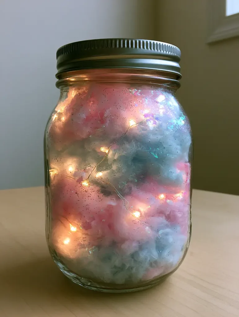 DIY Cotton Candy Glow Jars: The Ultimate Enchanting Room Decor 1 A handheld-style photo of DIY Cotton Candy Glow Jars showing iridescent silver glitter flakes clinging to blue cotton fibers.
