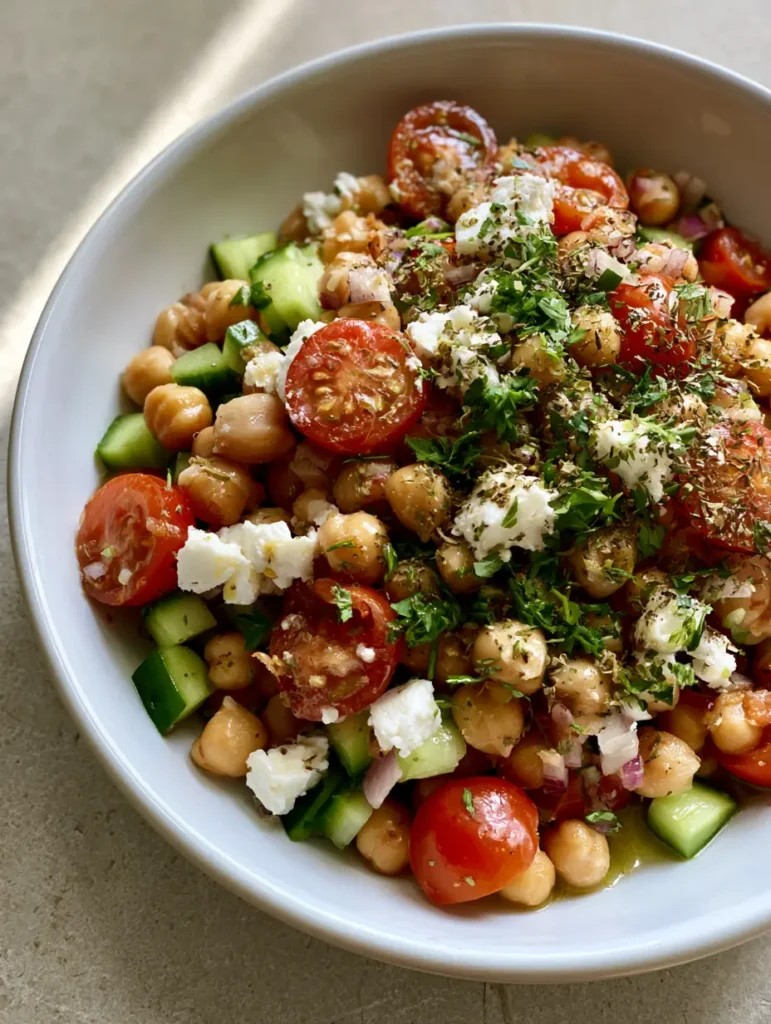 High-Protein Chickpea Salad: The Ultimate Mediterranean Meal Prep Bowl 1 Top-down view of a white ceramic bowl filled with Mediterranean chickpea salad on a gray stone surface.
