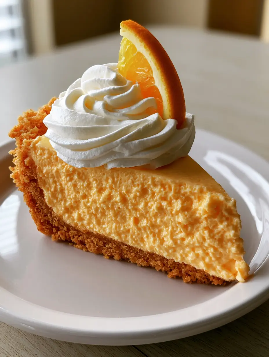 A close-up handheld smartphone photo of an Orange Creamsicle Pie slice on a white plate.