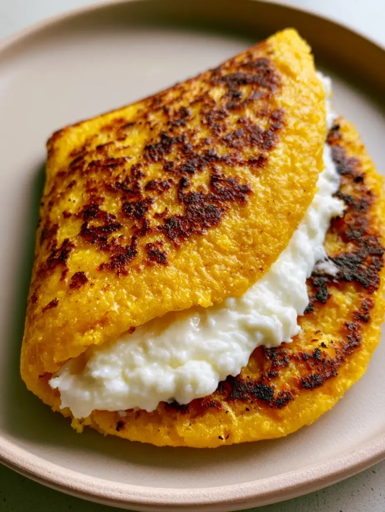 Close-up of a rustic Venezuelan Corn Cachapa showing the grainy corn texture and dark brown charred spots.