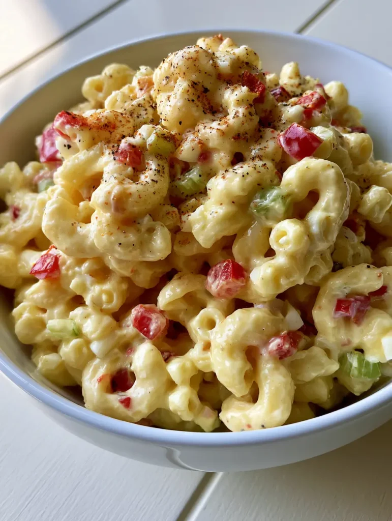 Amish Pasta Salad: The Ultimate Creamy and Tangy Summer Classic 2 Top down handheld photo of a white ceramic bowl filled with Amish Pasta Salad garnished with black pepper and paprika. (Amish Pasta Salad)