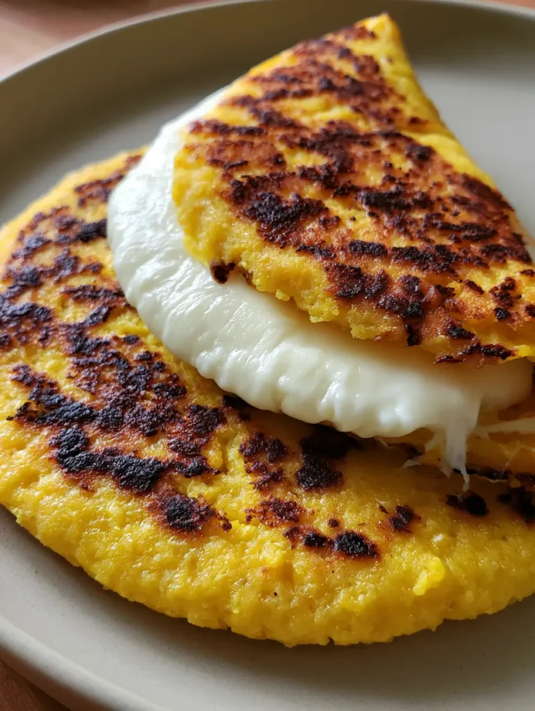 Venezuelan Corn Cachapas: Authentic Sweet Corn Pancakes with Oozing Cheese 1 A top-down smartphone-style photo of a thick sweet corn pancake folded over melted white cheese.