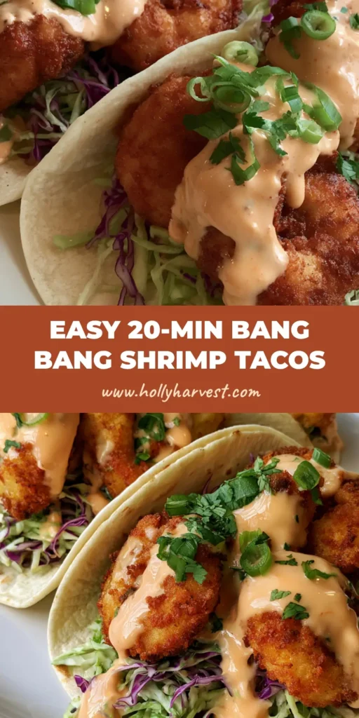Bang Bang Shrimp Tacos with Crispy Panko and Creamy Chili Sauce 4 Three Bang Bang Shrimp Tacos on a white plate featuring crispy breaded shrimp and creamy orange sauce.