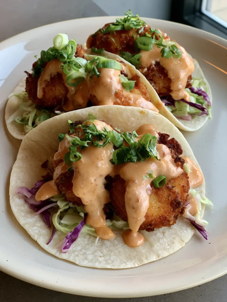 Bang Bang Shrimp Tacos with Crispy Panko and Creamy Chili Sauce 2 Close up of crispy golden-brown shrimp in a flour tortilla with purple cabbage and creamy sauce. (Bang Bang Shrimp Tacos)