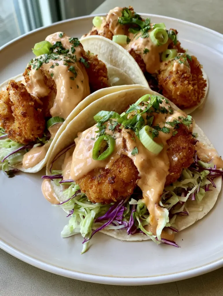 Bang Bang Shrimp Tacos with Crispy Panko and Creamy Chili Sauce 1 A plate of three Bang Bang Shrimp Tacos garnished with cilantro and scallions on a white ceramic plate.