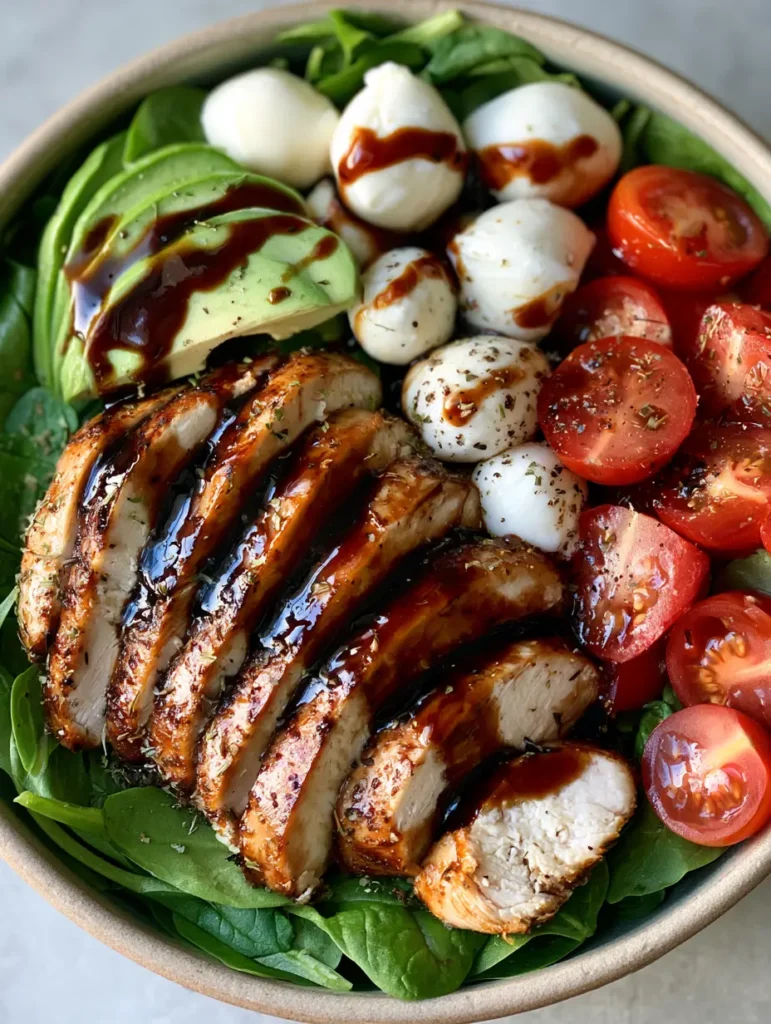 Top-down view of a Balsamic Chicken Salad with glossy vinaigrette, fresh baby spinach, and cherry tomatoes. (Balsamic Chicken Salad)