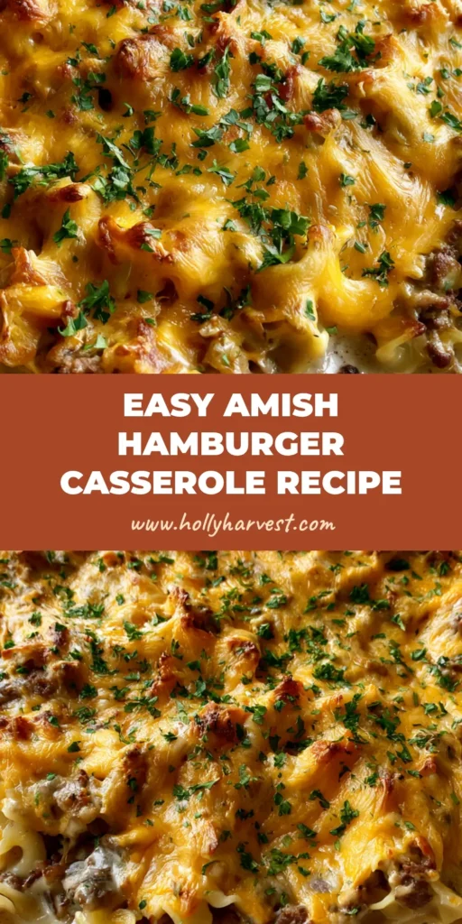 A close-up shot of Amish Hamburger Casserole in a white ceramic dish featuring golden-brown melted cheddar and fresh parsley flakes.