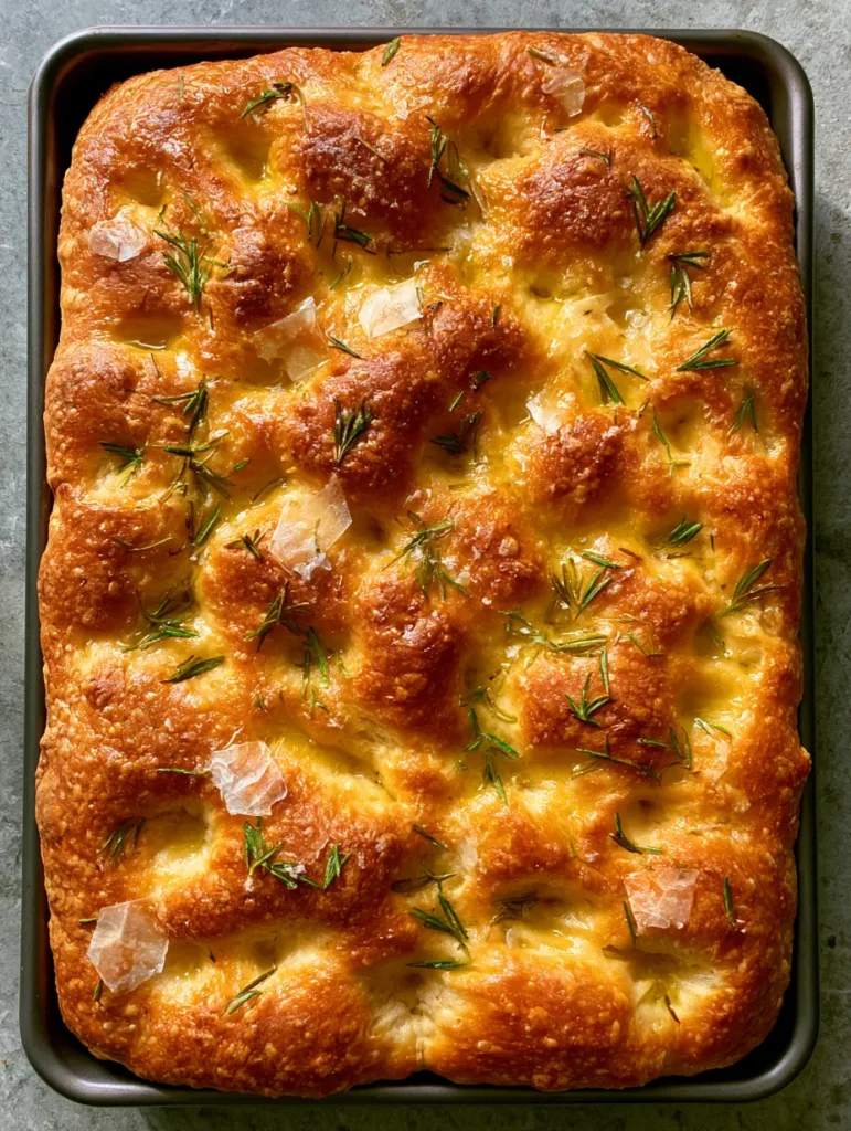 Sourdough Discard Focaccia: The Ultimate Crispy & Bubbly Artisan Bread 2 High-angle view of a rectangular artisan Sourdough Discard Focaccia in a dark metal pan with rosemary sprigs.