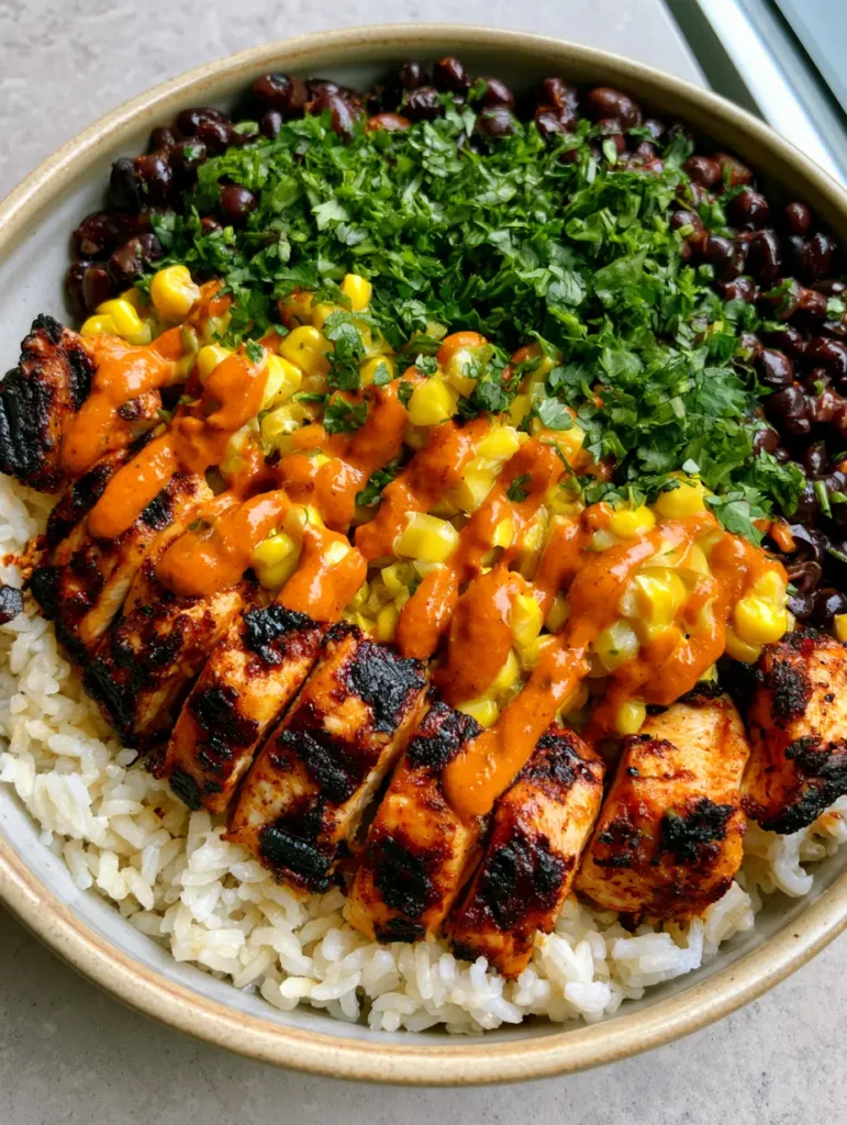 Chipotle Chicken Bowl: The Ultimate Smoky Charred Chicken and Creamy Drizzle Recipe 1 Chipotle Chicken Bowl showing the zig-zag pattern of creamy orange sauce over corn and chicken.