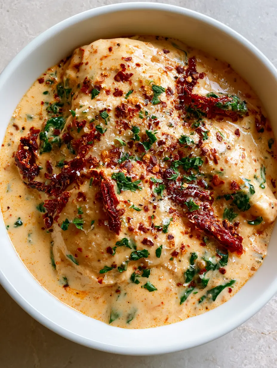 Crockpot Marry Me Chicken: The Ultimate Creamy Slow Cooker Dinner 3 A top-down close-up photo of Crockpot Marry Me Chicken served in a shallow white bowl featuring sliced chicken, emerald spinach, and red pepper flakes.