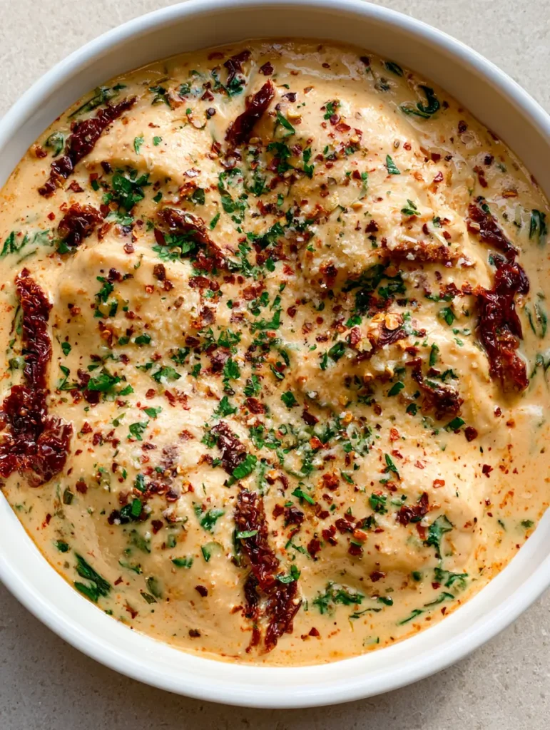Crockpot Marry Me Chicken: The Ultimate Creamy Slow Cooker Dinner 1 A detailed close-up of the pale orange sauce and julienned sun-dried tomatoes in the Crockpot Marry Me Chicken.
