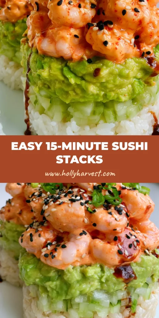 Two perfectly cylindrical Spicy Shrimp Sushi Stacks on a white plate with layers of rice, avocado, cucumber, and sriracha shrimp, drizzled with unagi sauce.