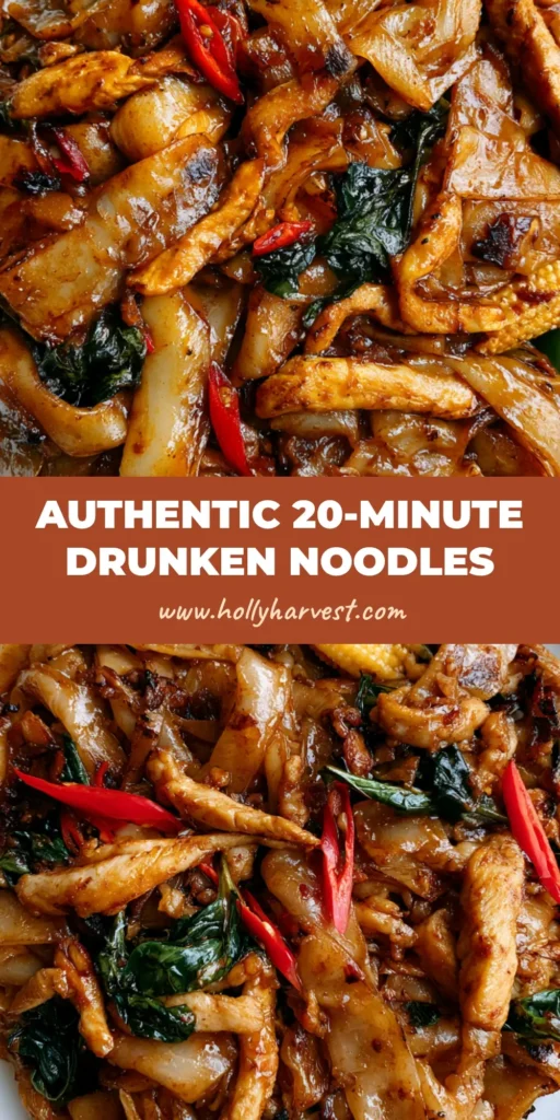A close-up, top-down view of Thai Drunken Noodles on a white plate, featuring wide charred noodles, seared chicken, red chilies, and wilted holy basil. (Thai Drunken Noodles)