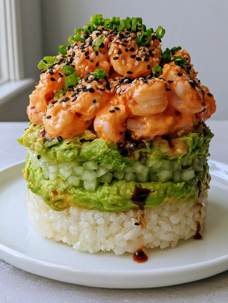 A close-up eye-level shot of two Spicy Shrimp Sushi Stacks showing distinct layers of glossy rice, green avocado, and pink sriracha shrimp.