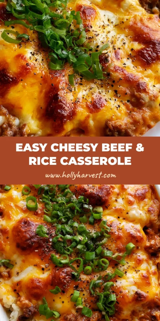 A cheesy Ground Beef and Rice Casserole with toasted cheddar cheese spots, green onions, and cracked black pepper in a white ceramic dish.