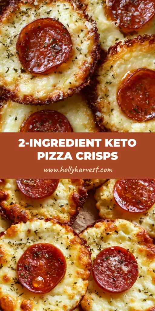 A close-up overhead shot of Pepperoni Cheese Crisps with lacy golden edges and curled pepperoni on brown parchment paper.