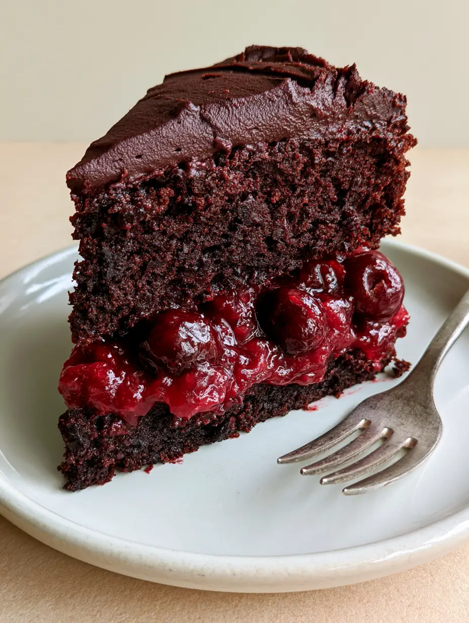 Close-up of a moist Chocolate Cherry Cake slice showing the whole cooked cherries and matte frosting.