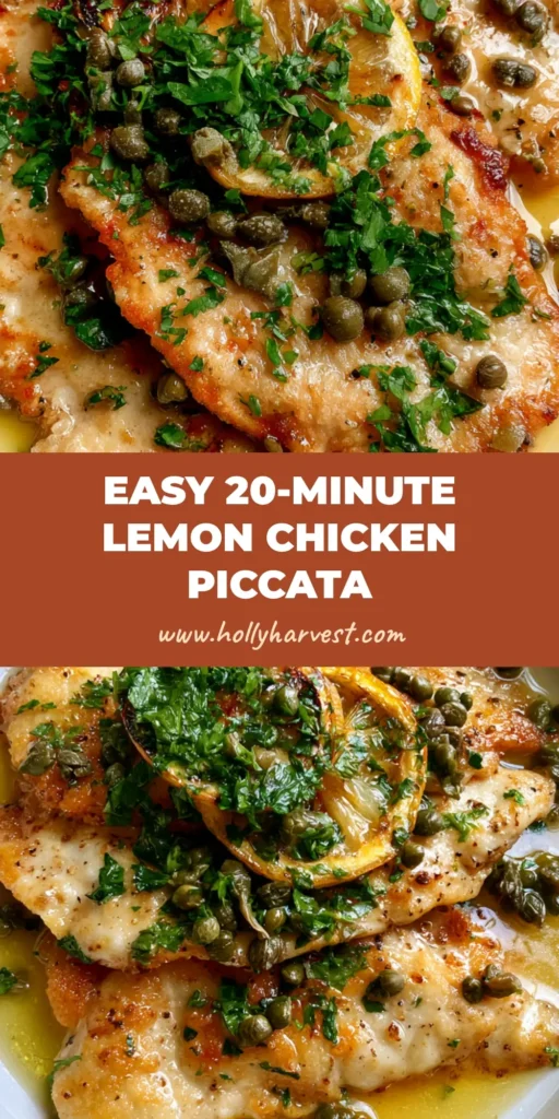 A close-up vertical photo of golden-brown pan-seared chicken cutlets with capers and charred lemons. (Chicken Piccata Recipe)