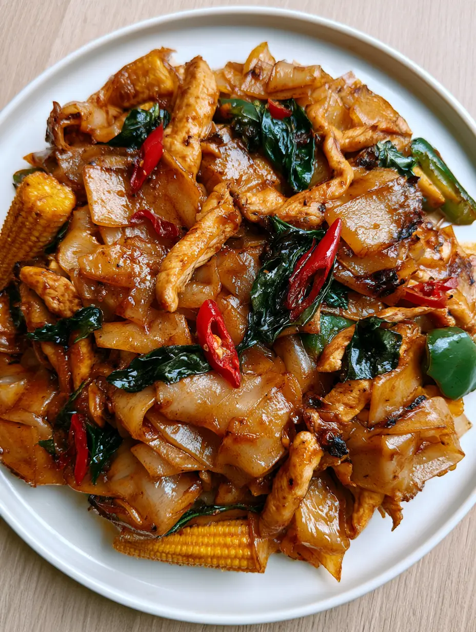 Detailed shot of glossy dark brown rice noodles with seared chicken breast and bright green bell peppers. (Thai Drunken Noodles)