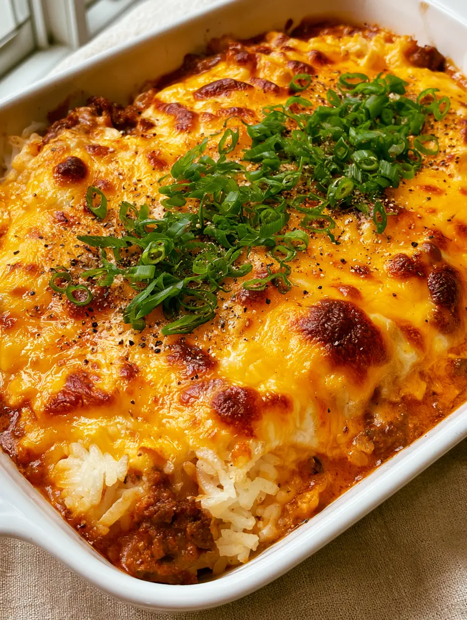 Top-down view of Ground Beef and Rice Casserole featuring bubbling cheese and fresh green onion garnish.