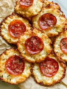 Top-down view of baked Pepperoni Cheese Crisps showing the lacy texture and rendered pepperoni oil. (Pepperoni Cheese Crisps)