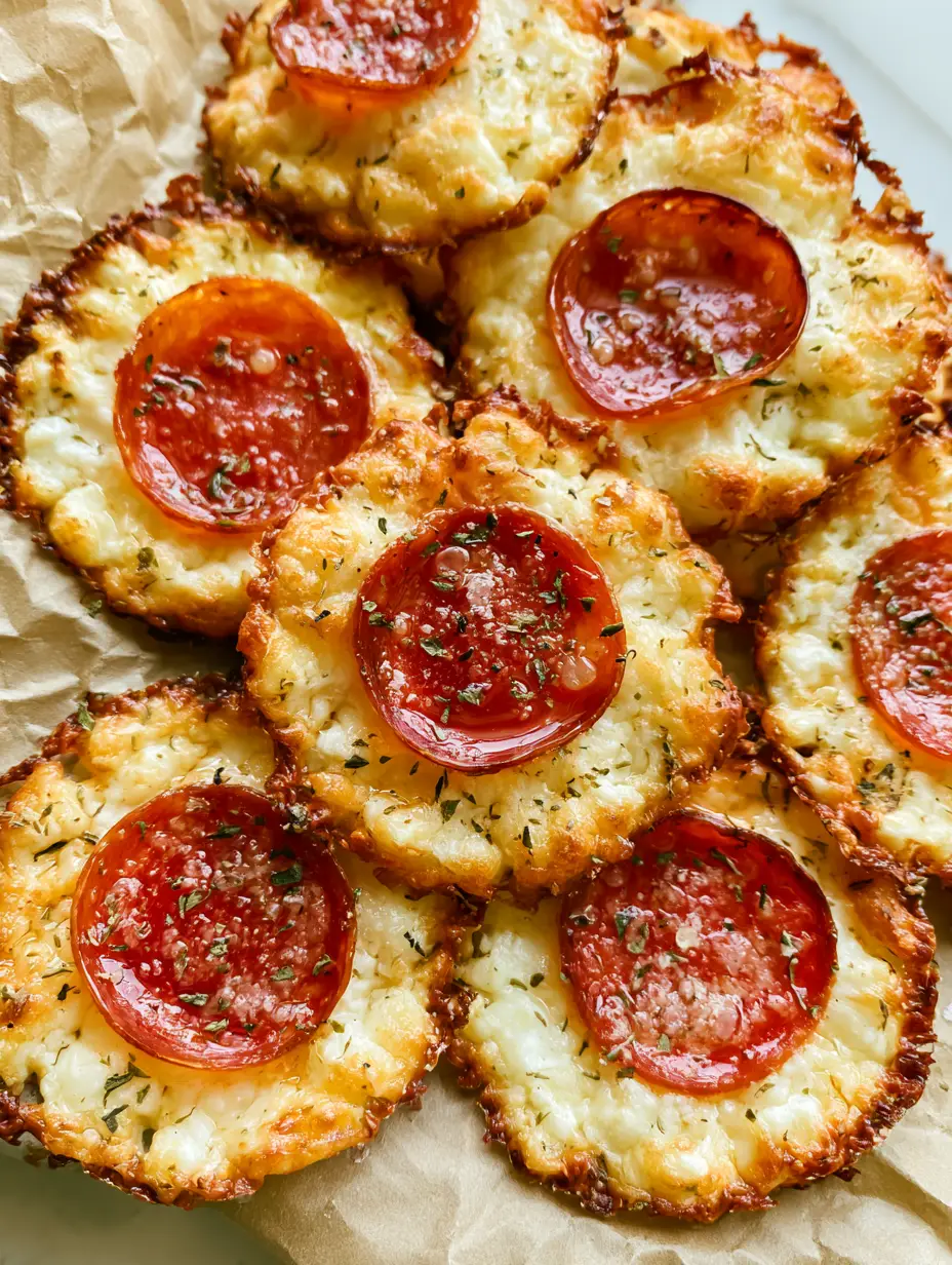 Top-down view of baked Pepperoni Cheese Crisps showing the lacy texture and rendered pepperoni oil. (Pepperoni Cheese Crisps)