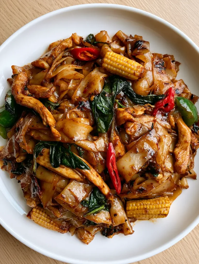 Overhead view of Thai Drunken Noodles served on a minimalist white plate with yellow baby corn and red chili accents.