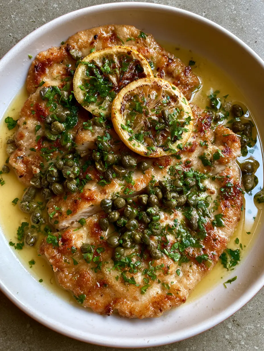 A handheld smartphone photo of golden-brown pan-seared chicken cutlets in a white dish. (Chicken Piccata Recipe)