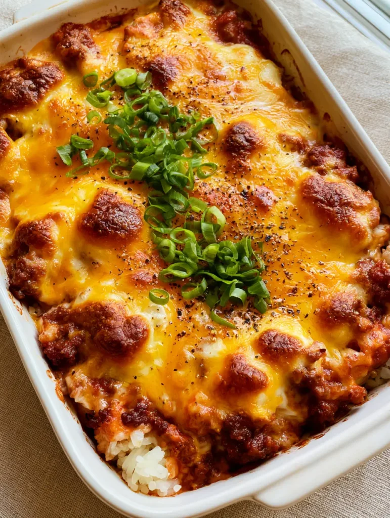 Angled close-up of Ground Beef and Rice Casserole in a white rectangular dish on a beige linen background.