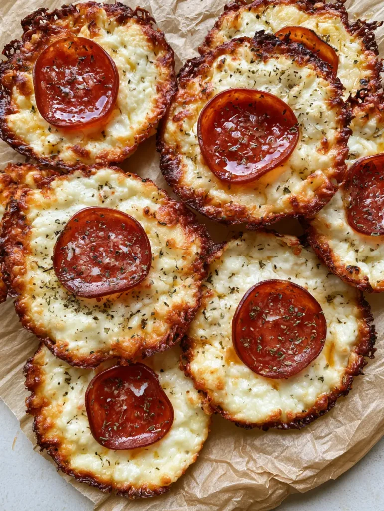 Several Pepperoni Cheese Crisps arranged on crinkled parchment paper with oregano flakes and parmesan dusting.