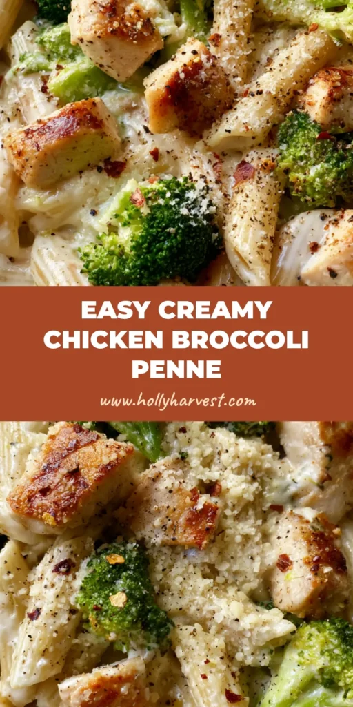 A top-down view of a white ceramic bowl filled with Creamy Chicken Broccoli Penne, featuring seared chicken and vibrant green broccoli in a thick garlic sauce.