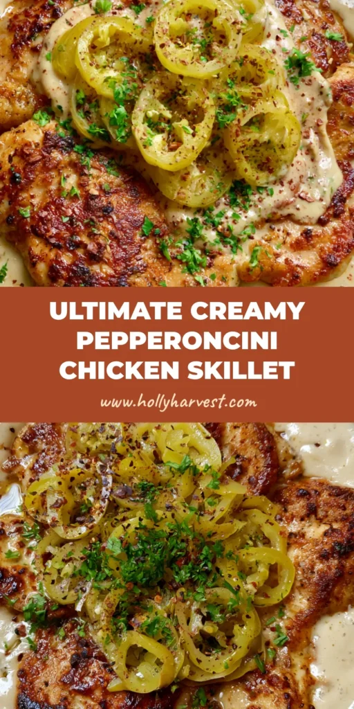A top-down view of a Pepperoncini Chicken Recipe in a black skillet, featuring seared golden chicken in an ivory cream sauce with pepperoncini rings. (Pepperoncini Chicken Recipe)