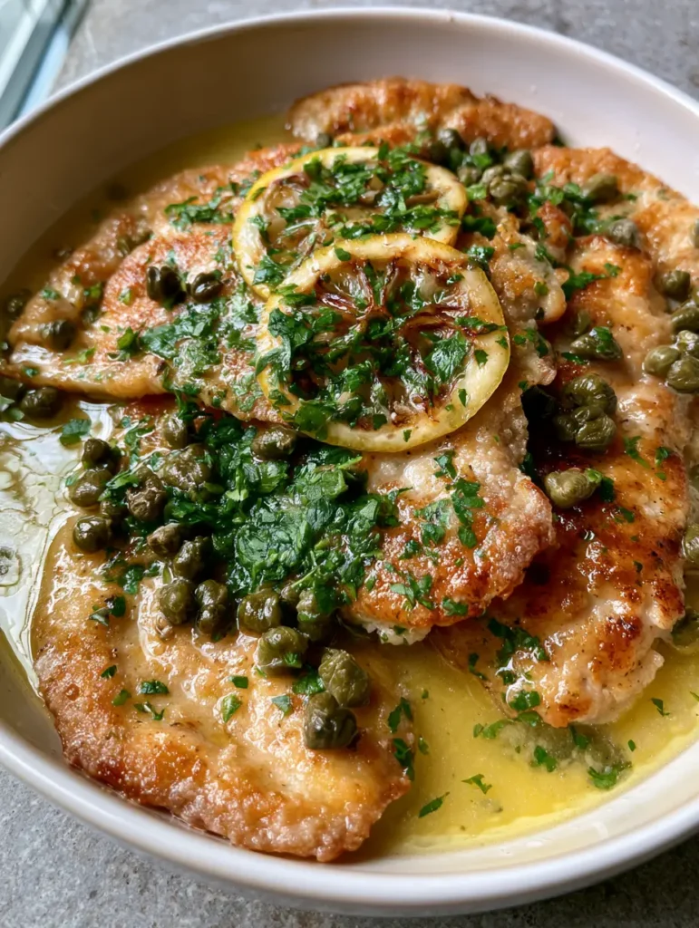 Close up of crisp flour-dusted chicken cutlets with briny capers and fresh parsley. (Chicken Piccata Recipe)