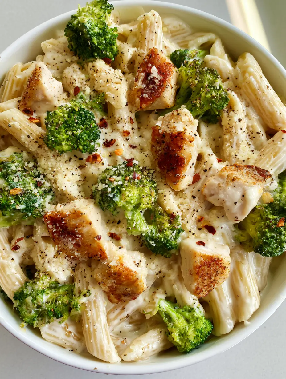 Close-up of ridged penne fully submerged in a glossy white garlic cream sauce with golden-brown chicken cubes. (Creamy Chicken Broccoli Penne)