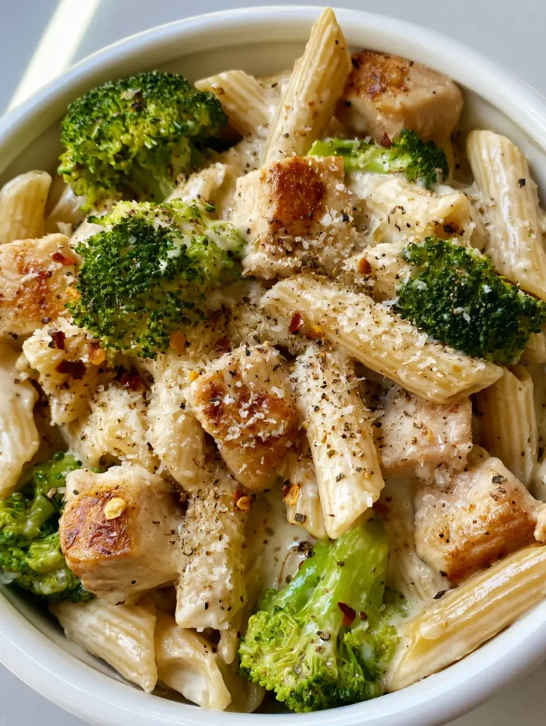 Top-down photo of Creamy Chicken Broccoli Penne topped with red pepper flakes and coarse black pepper in a white bowl.